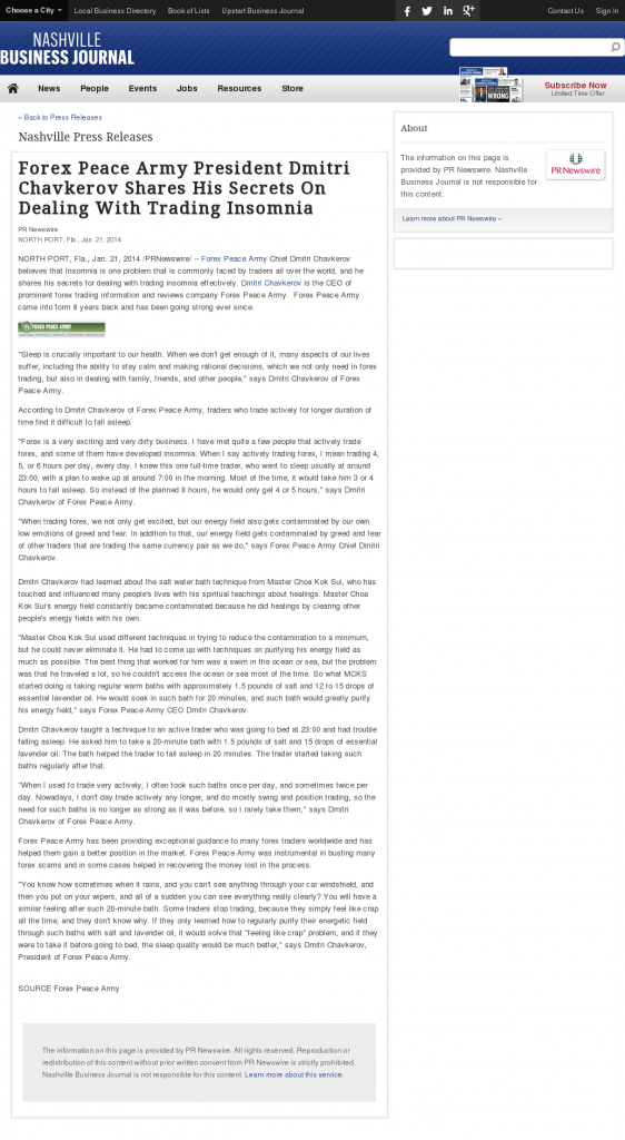 Forex Peace Army - Nashville Business Journal- Traders Insomnia Help Method