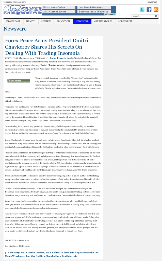 Forex Peace Army - Outcome Magazine- Traders Insomnia Help Method