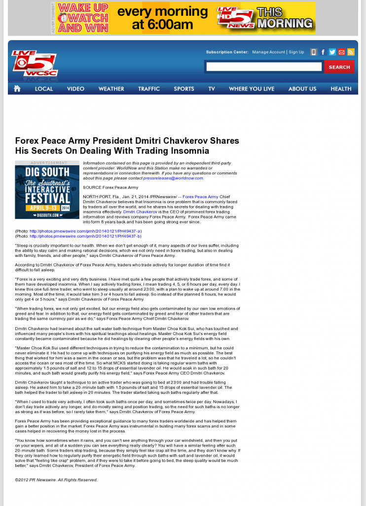 Forex Peace Army - WCSC CBS-5 (Charleston, SC)- Traders Insomnia Help Method